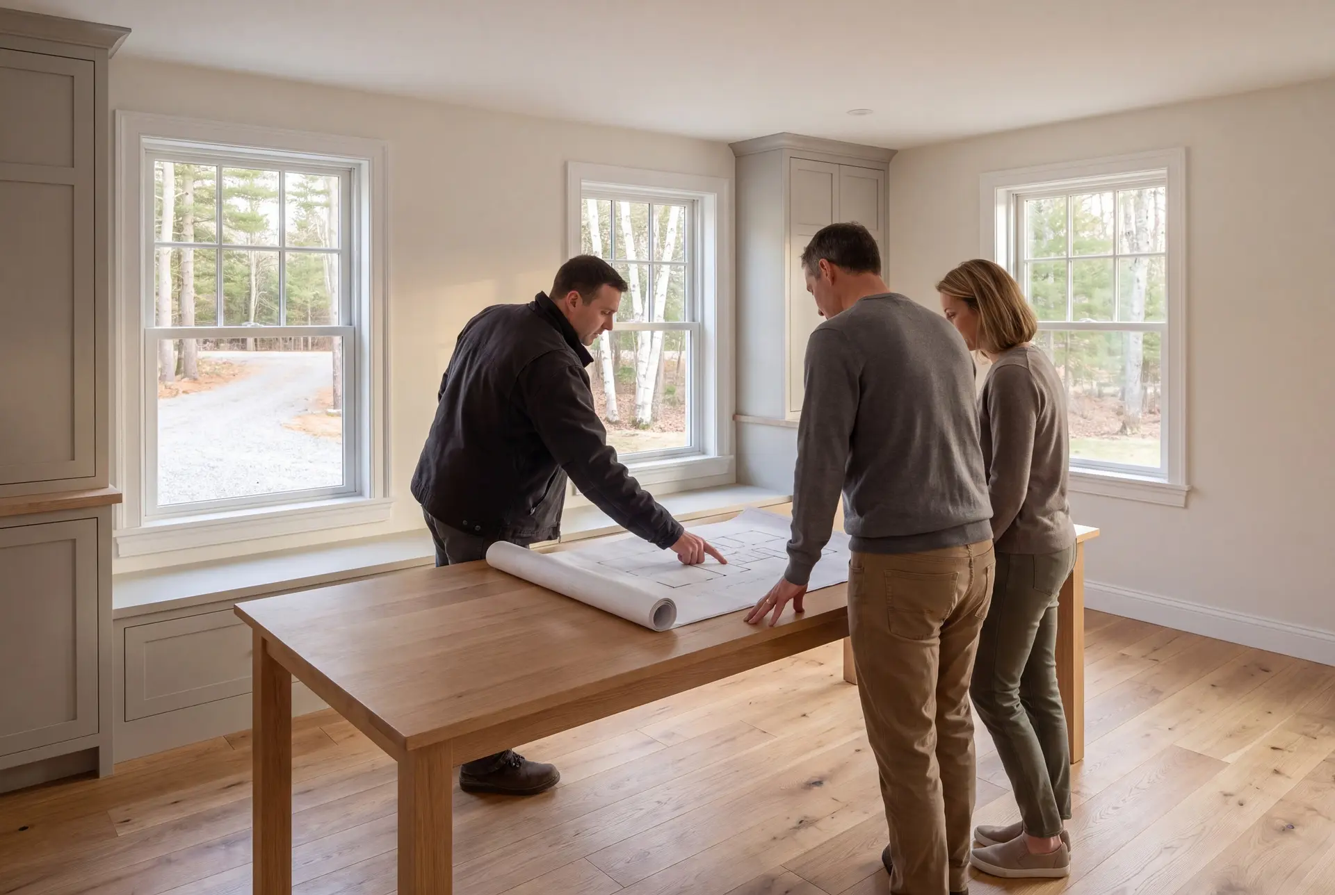 Illustration: Three adults, a builder and two homeowners, review blueprints on an oak table in a finished living room with light gray cabinetry, white-trimmed windows, and oak floors