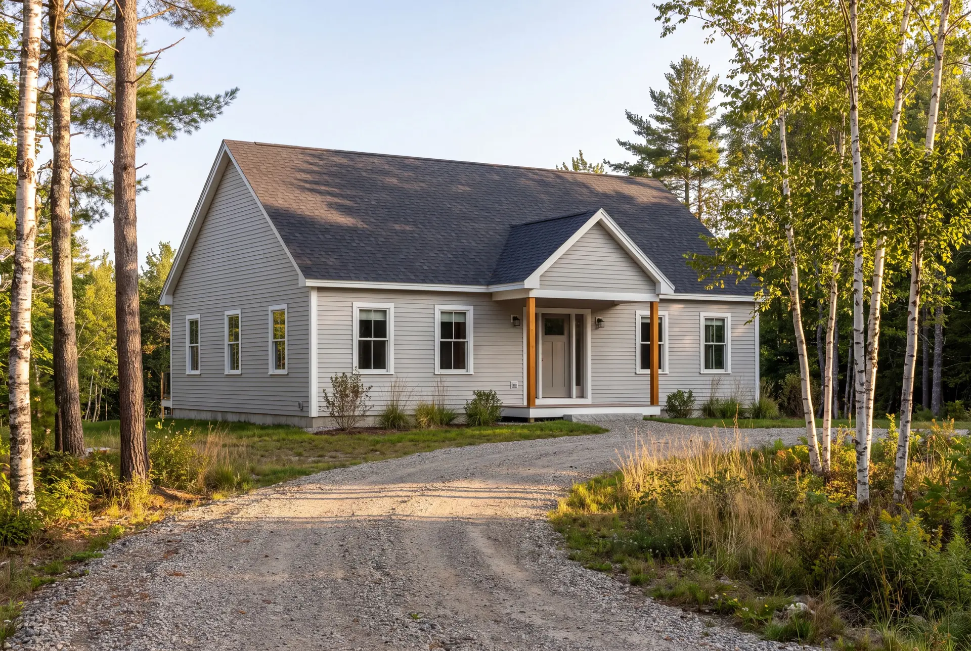 Illustration: A newly built light gray house with a dark roof and a covered porch, surrounded by a gravel driveway and trees under a clear sky