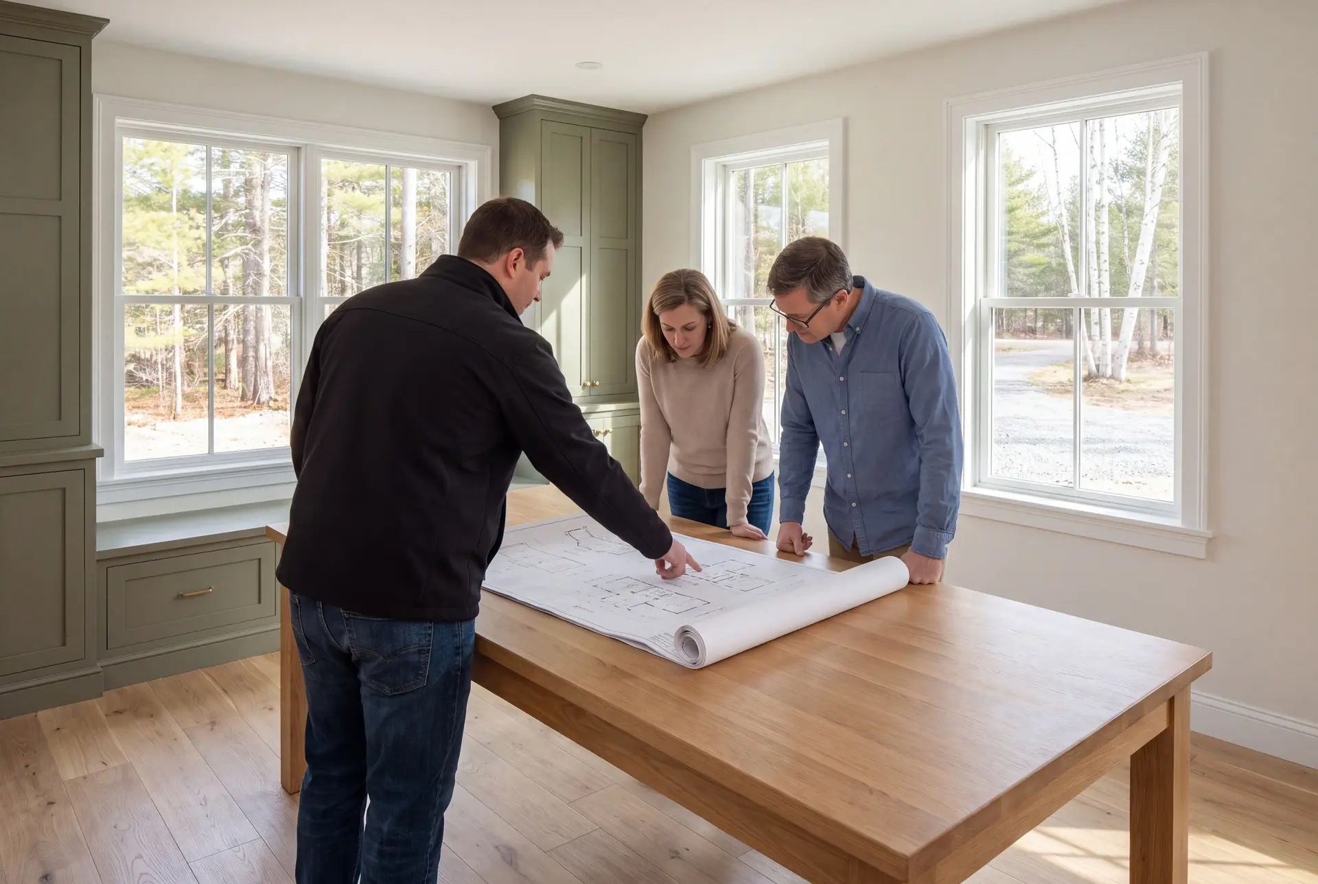 Illustration: Three people, a builder and two homeowners, reviewing architectural drawings on an oak table in a finished living room with olive cabinetry and oak floors