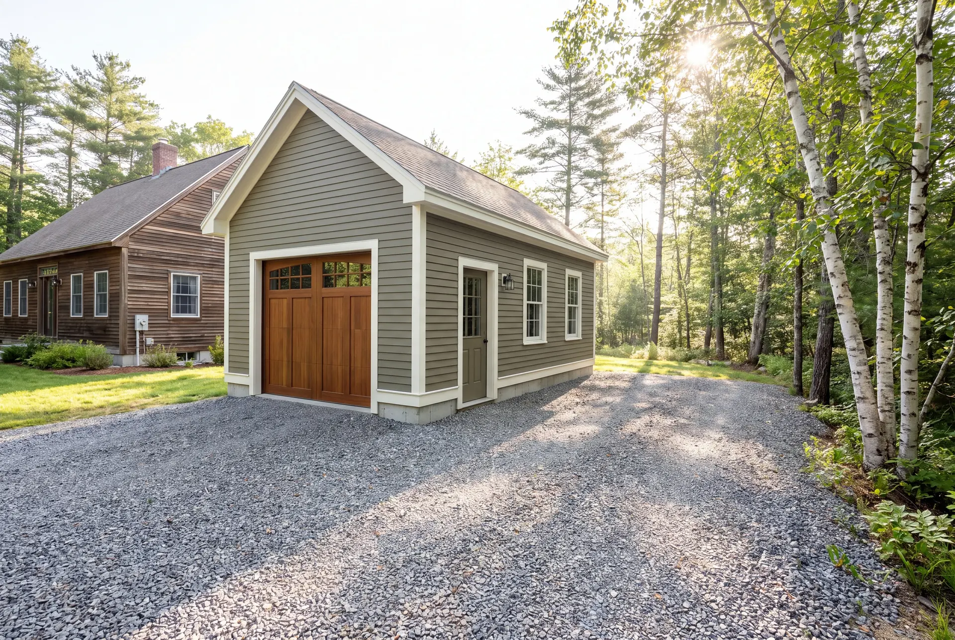 Illustration: A newly built, single-bay garage with olive siding and a wooden garage door, next to a house and a gravel driveway surrounded by trees