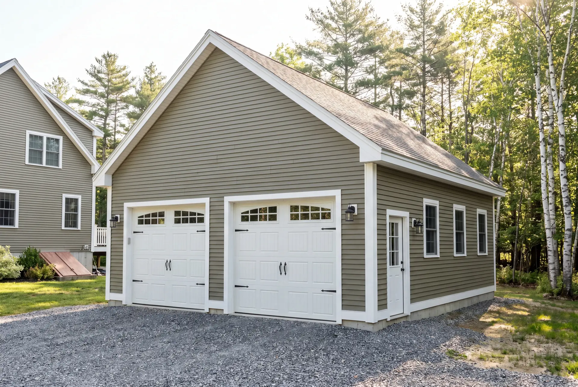 Illustration: A newly built two-bay garage with olive siding and white trim, featuring two carriage-style doors and a service door, next to a house