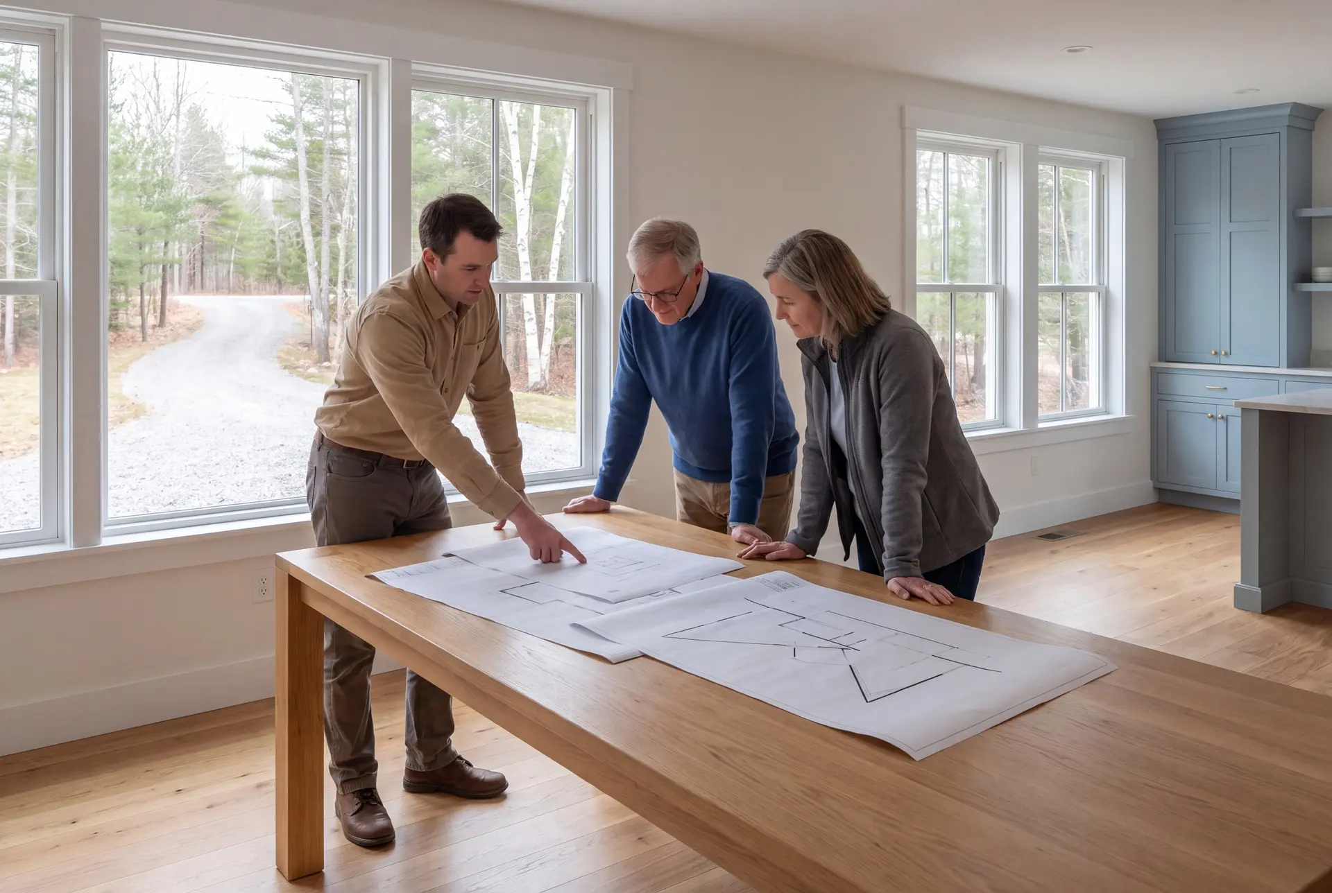 Illustration: Three people, a builder and two homeowners, reviewing floor plans on an oak table in a finished living room with blue cabinets and oak floors