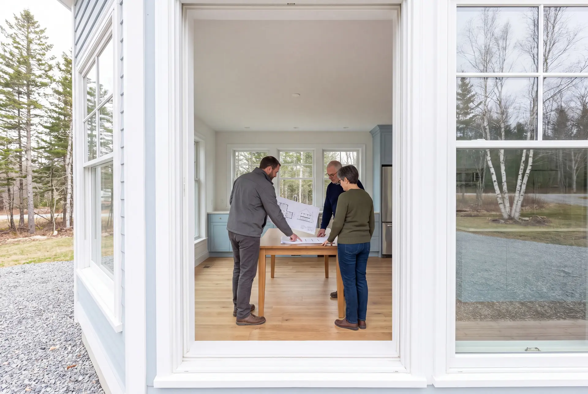 Illustration: Three people, a builder and two homeowners, review floor plans on an oak table in a finished living room with light blue cabinets and oak floors