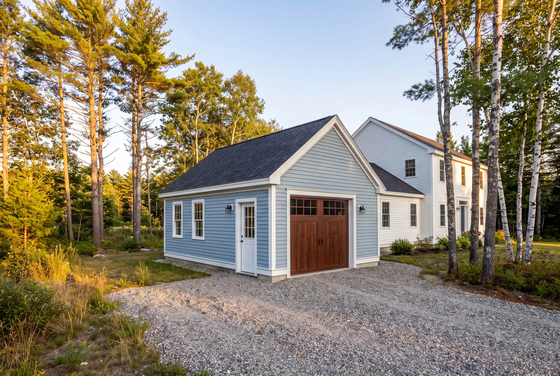 Illustration: A newly built light blue garage with a brown carriage door and white trim, next to a white house, surrounded by trees and a gravel driveway