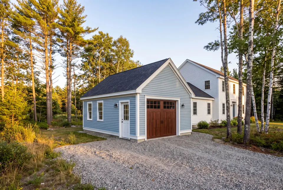 Illustration: A newly built light blue garage with a brown carriage door and white trim, next to a white house, surrounded by trees and a gravel driveway