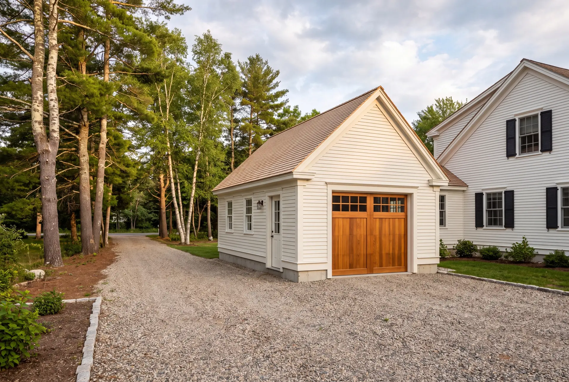 Illustration: A newly built white clapboard garage with a wooden carriage door and gravel driveway next to a house, surrounded by trees