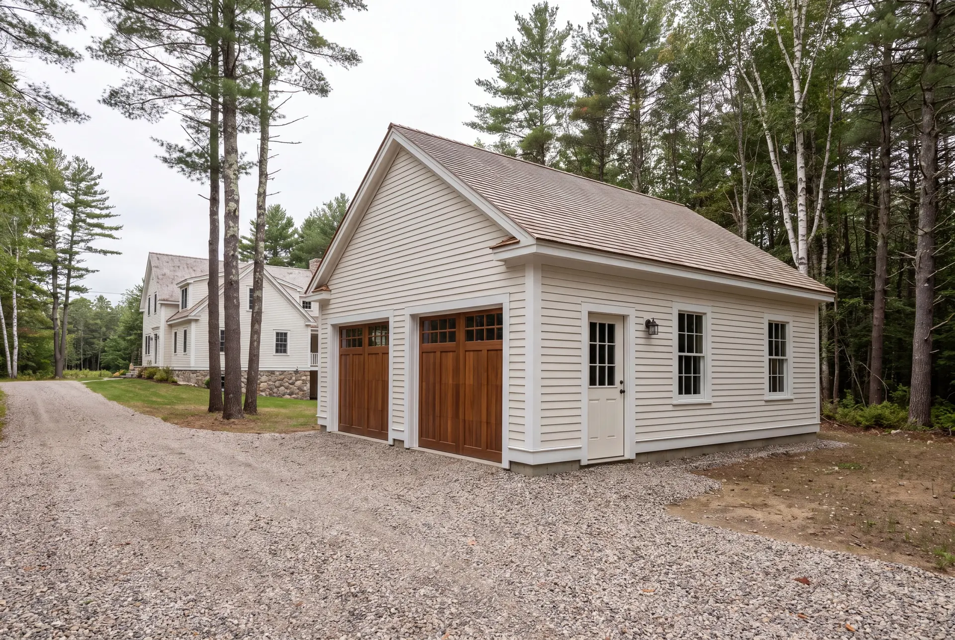 Illustration: A newly built, detached two-bay garage with warm white clapboard siding and a light brown shingle roof, featuring two wooden carriage-style garage doors, a service door, and windows, situated beside a gravel driveway with a house and trees in the background