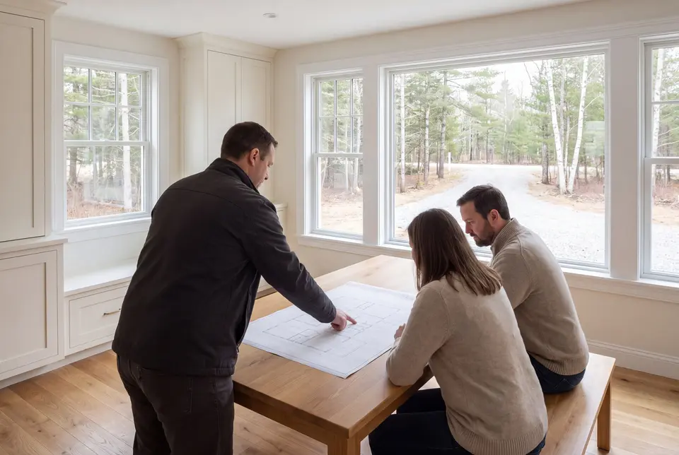 Illustration: Three people, a builder and two homeowners, reviewing a floor plan on an oak table in a finished living room with large windows
