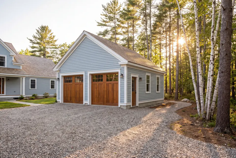 garage builder in Buxton, ME: illustrative scene, A light blue detached garage with two wooden garage doors and a gravel driveway, set against a backdrop of tall trees and a partially visible house