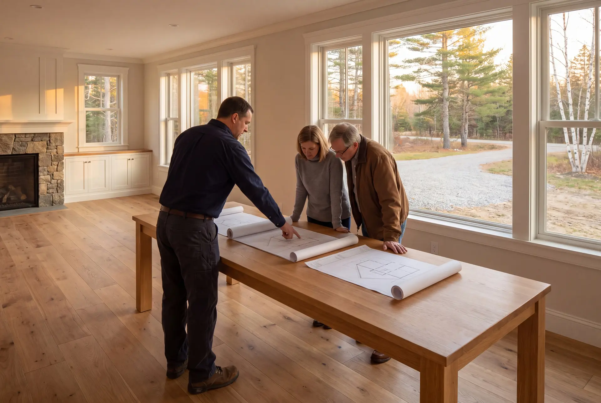 Illustration: Three people, a builder and two homeowners, reviewing architectural drawings on a table in a new living room with oak floors and white-trimmed windows