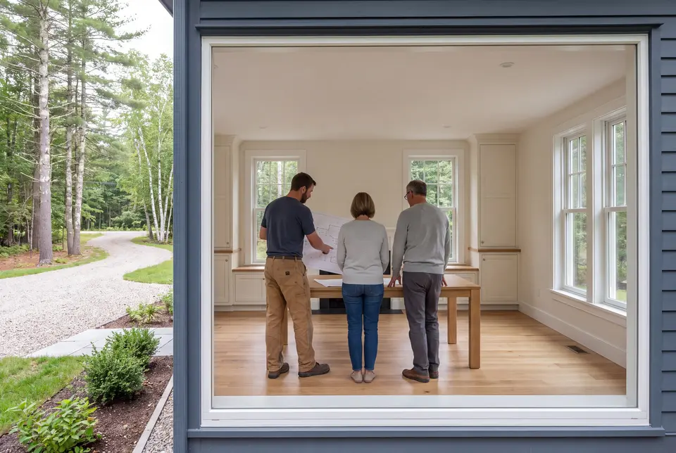 Illustration: Three people, a builder and two homeowners, review floor plans on an oak table in a finished living room with white cabinetry and oak floors, viewed through a large window