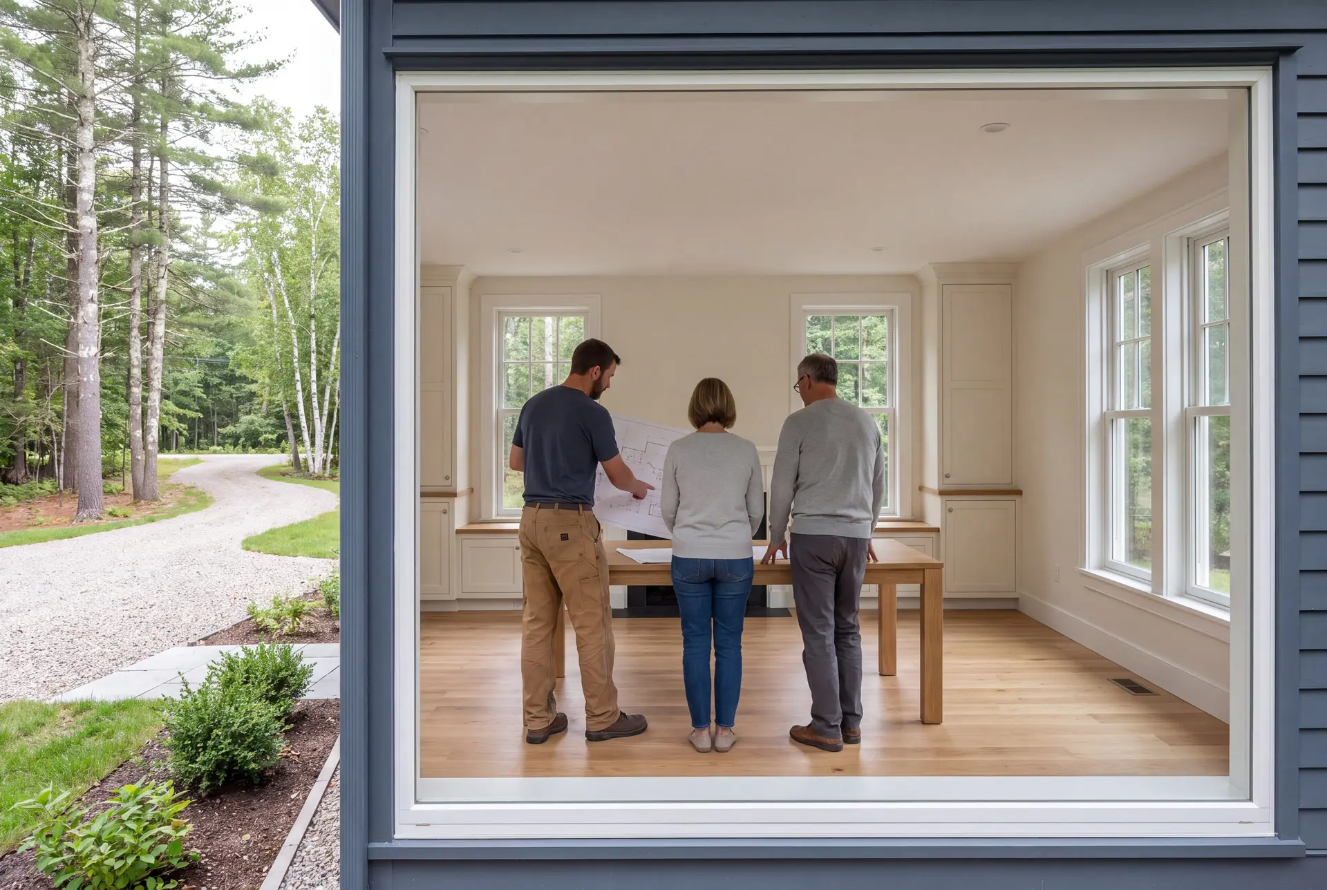 Illustration: Three people, a builder and two homeowners, review floor plans on an oak table in a finished living room with white cabinetry and oak floors, viewed through a large window
