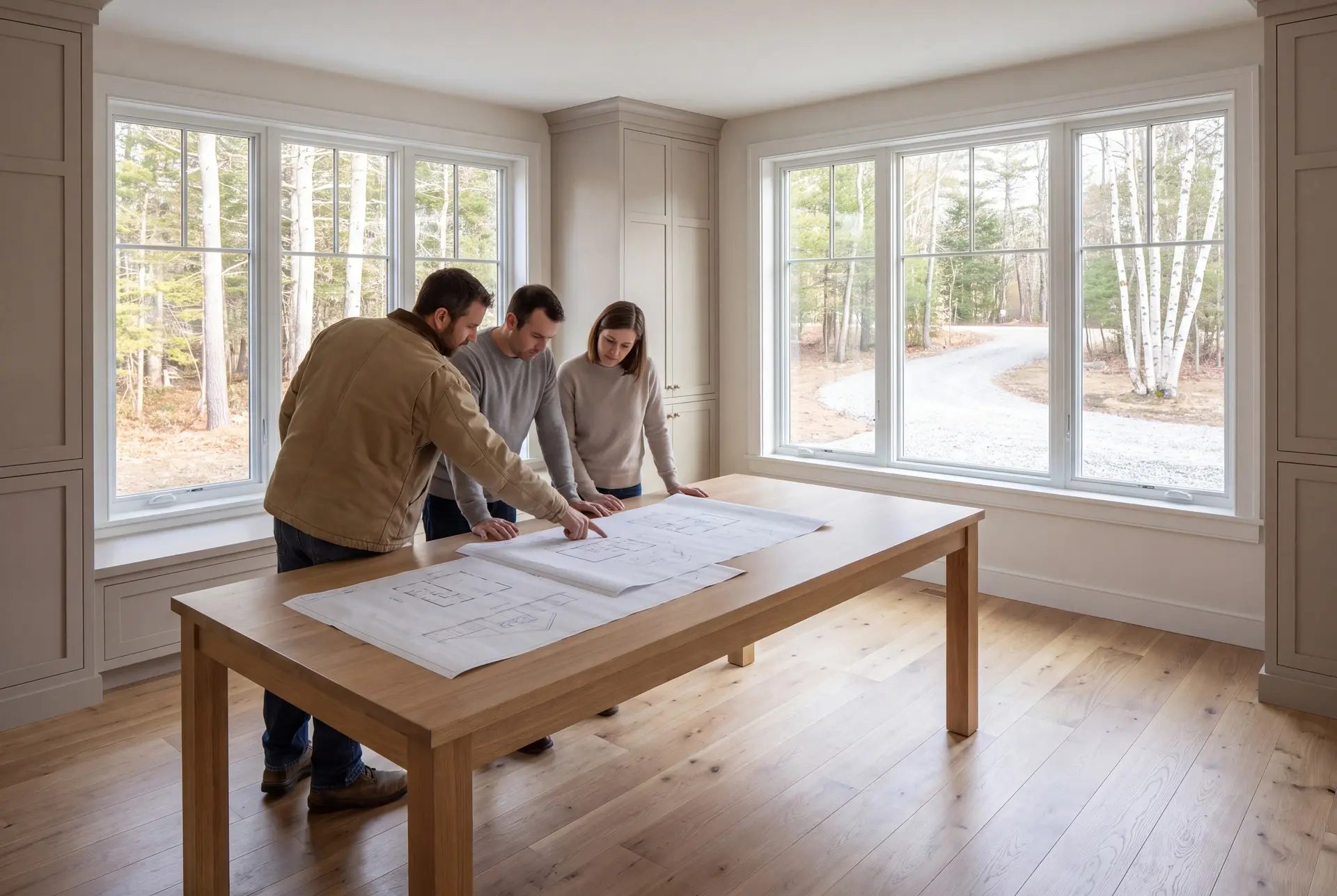 Illustration: Three people, a builder and two homeowners, review blueprints on an oak table in a finished living room with large windows and mushroom-colored cabinetry