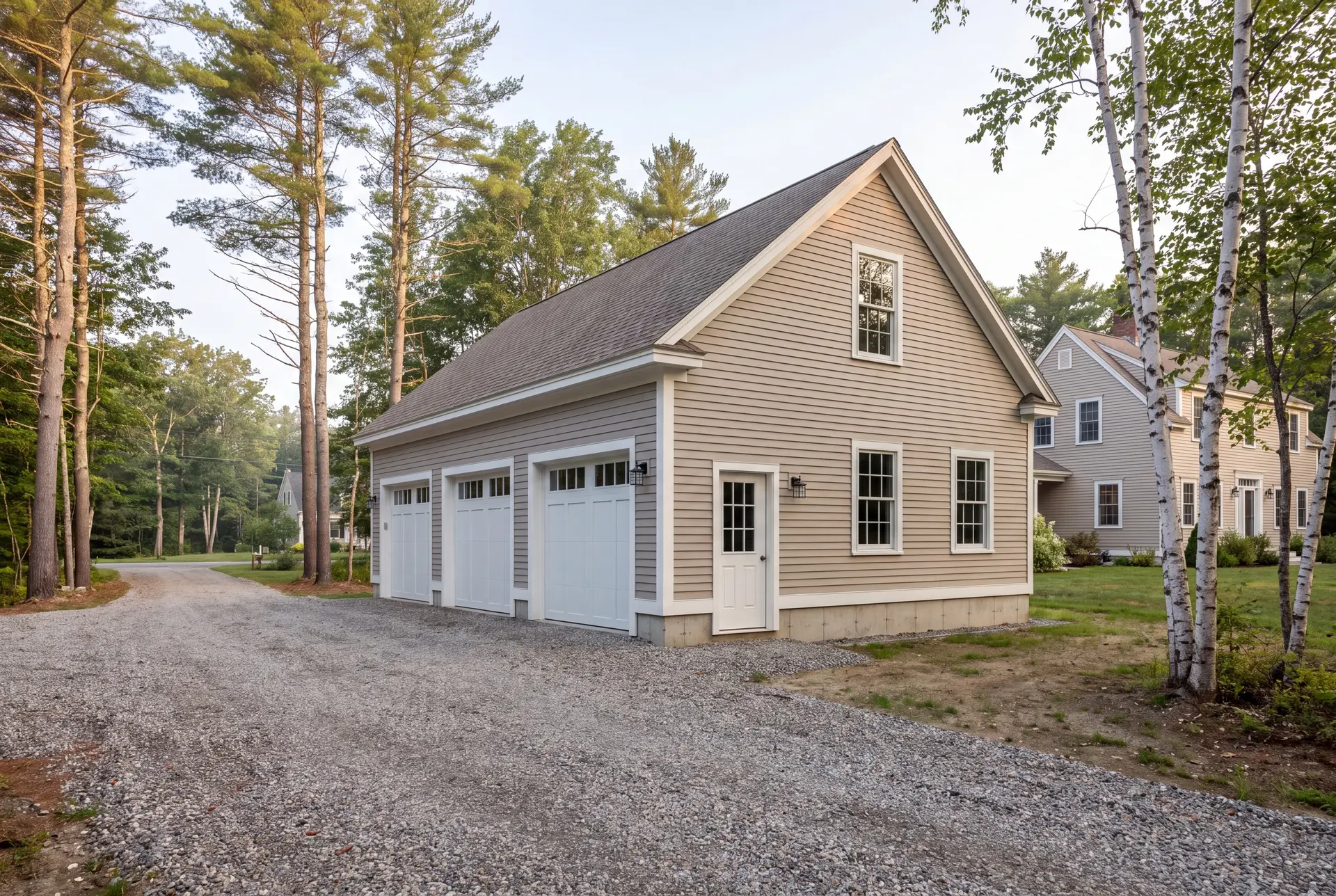 Illustration: A newly built three-bay garage with mushroom-colored siding and white doors, next to a gravel driveway and a house, surrounded by trees