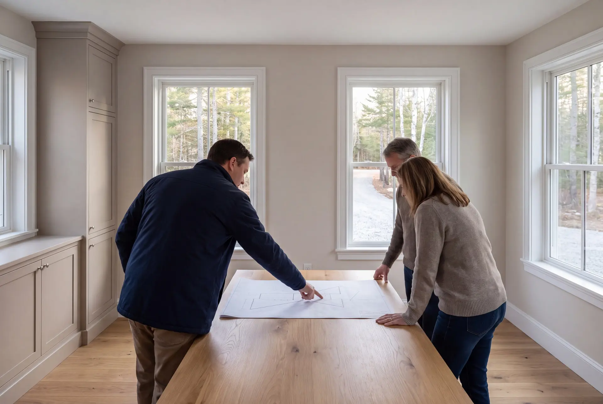 Illustration: Three people, a man pointing at a blueprint on a table, with two others looking on, in a finished room with oak floors and mushroom-colored cabinets