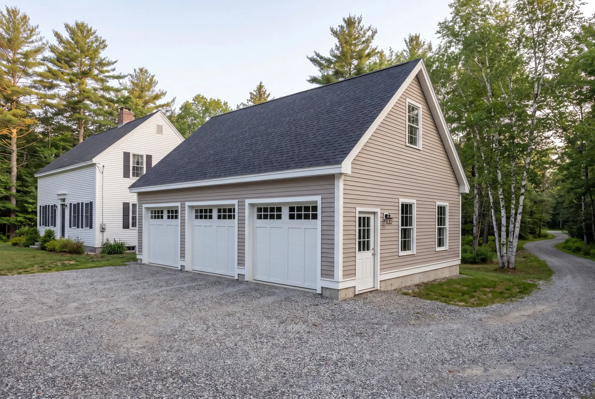 Illustration: A newly built, detached three-bay garage with mushroom-colored clapboard siding and a dark gray shingled roof, featuring three white carriage-style garage doors, a white service door, and multiple windows, on a gravel driveway next to a white house