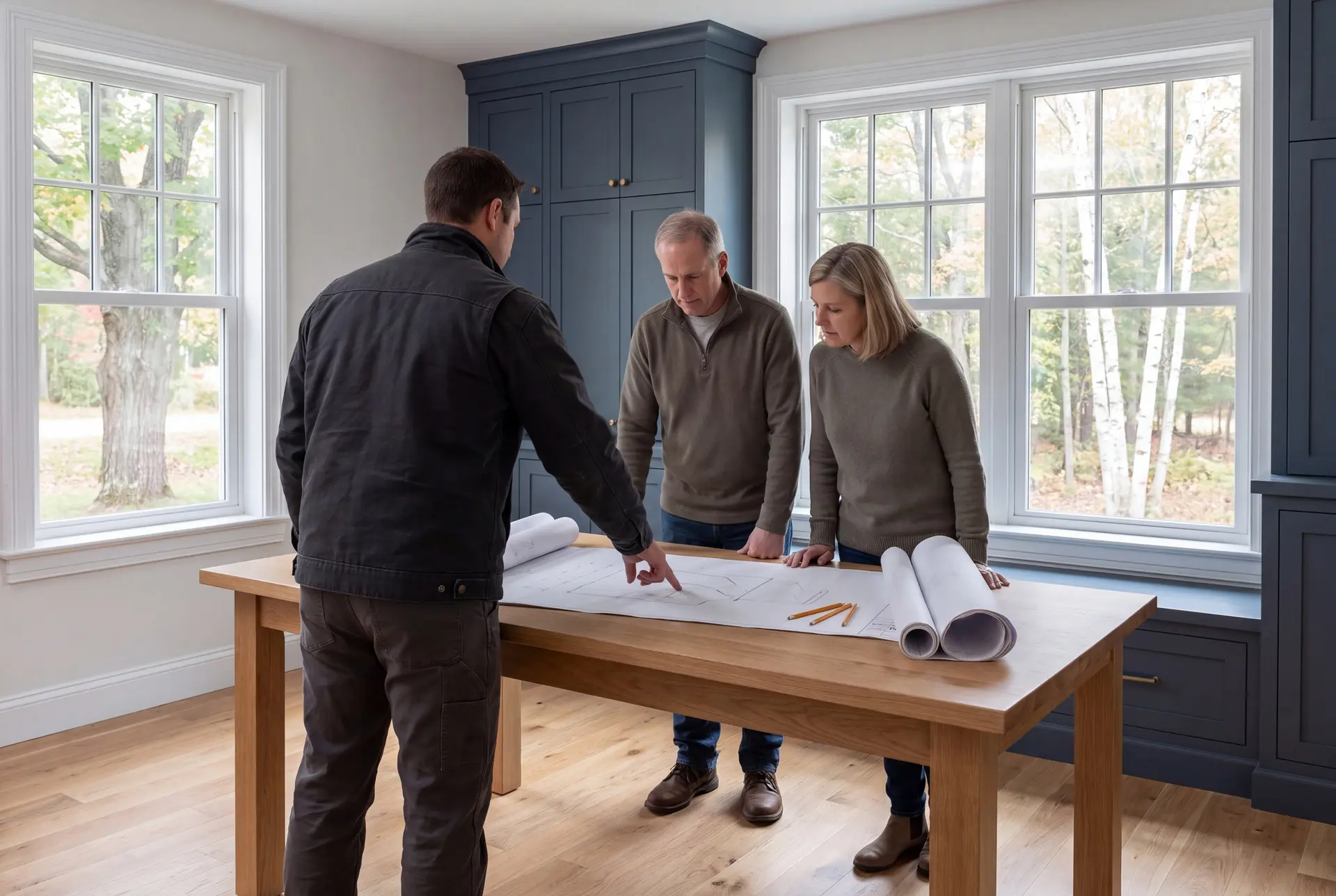 Illustration: Three people, a builder and two homeowners, reviewing architectural drawings on a table in a finished living room with blue cabinetry and oak floors