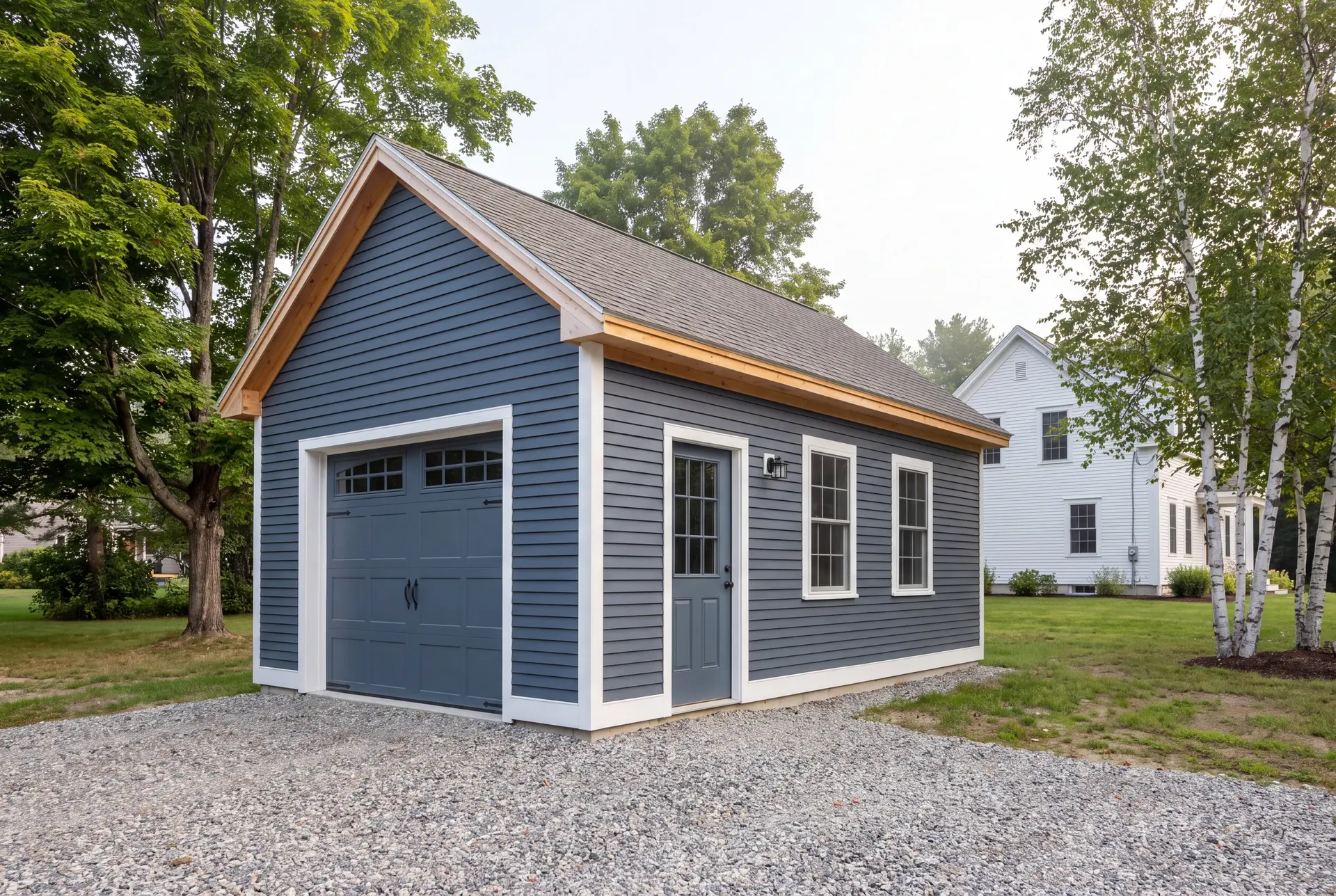 Illustration: A newly built, single-bay garage with deep slate blue siding and white trim, a carriage-style garage door, a service door, and two windows, on a gravel driveway