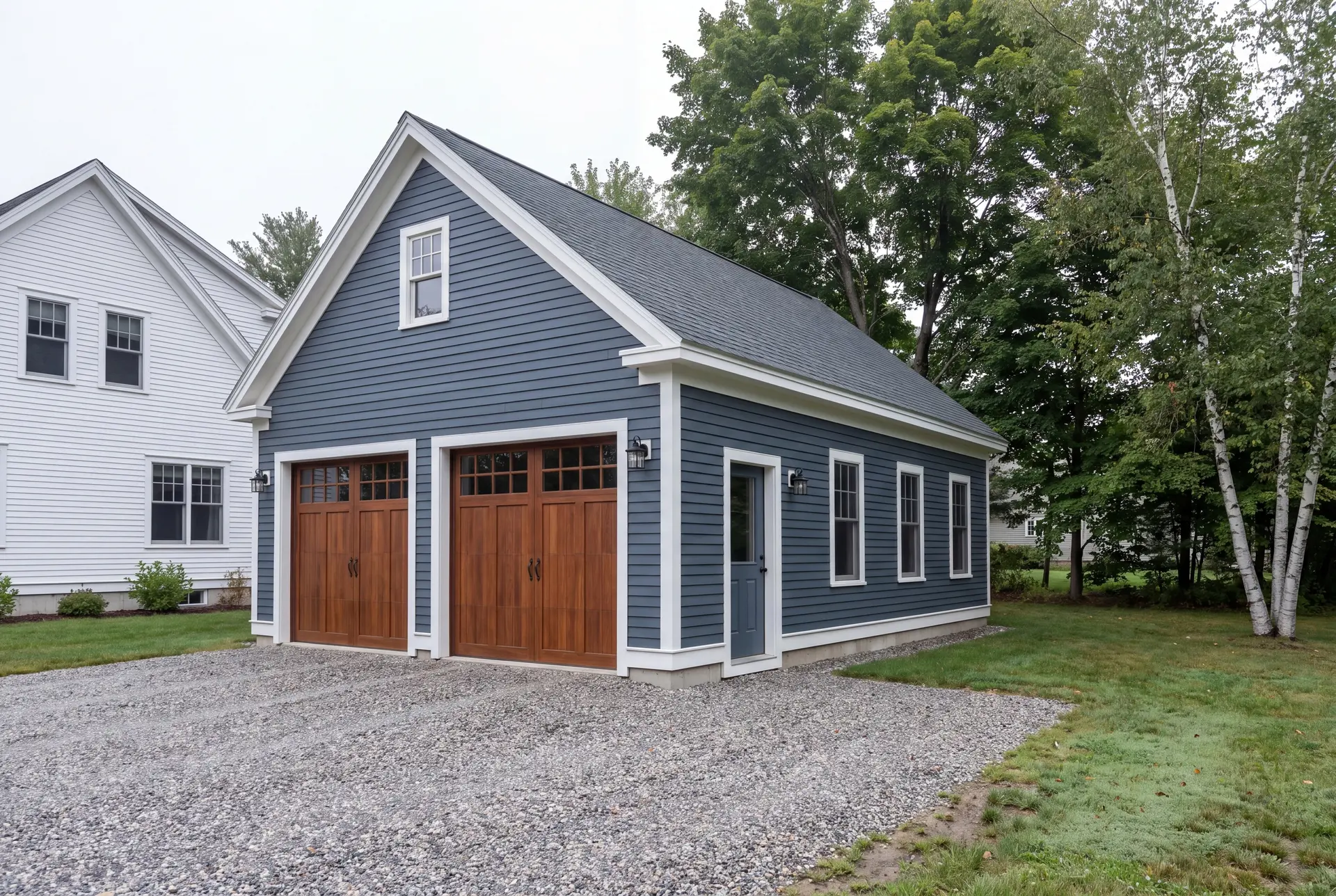 Illustration: A newly built, detached two-bay garage with deep slate blue siding and a gravel driveway next to a white house