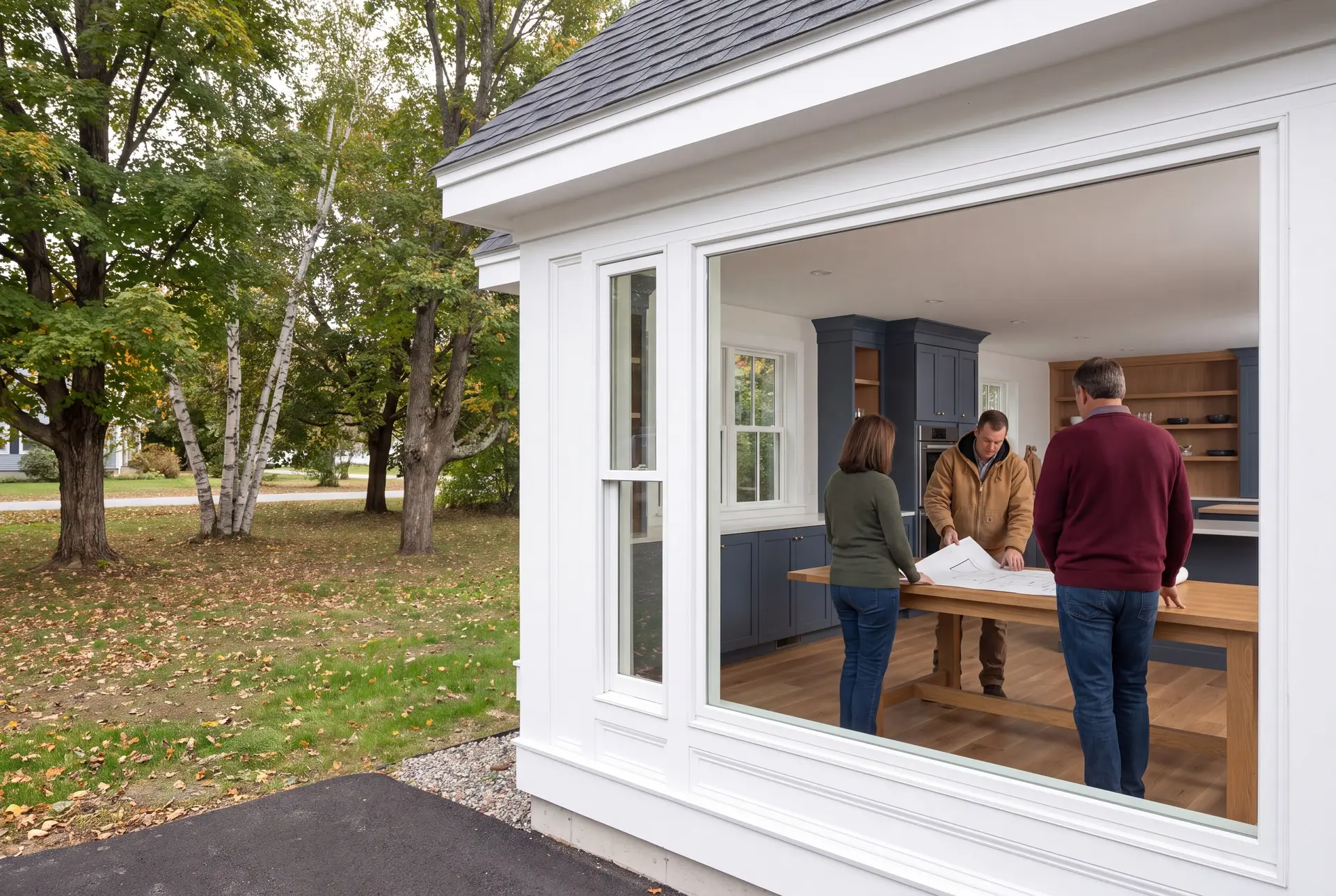 Illustration: Three people, a builder and two homeowners, reviewing blueprints on an oak table in a finished living room with blue cabinets and oak floors