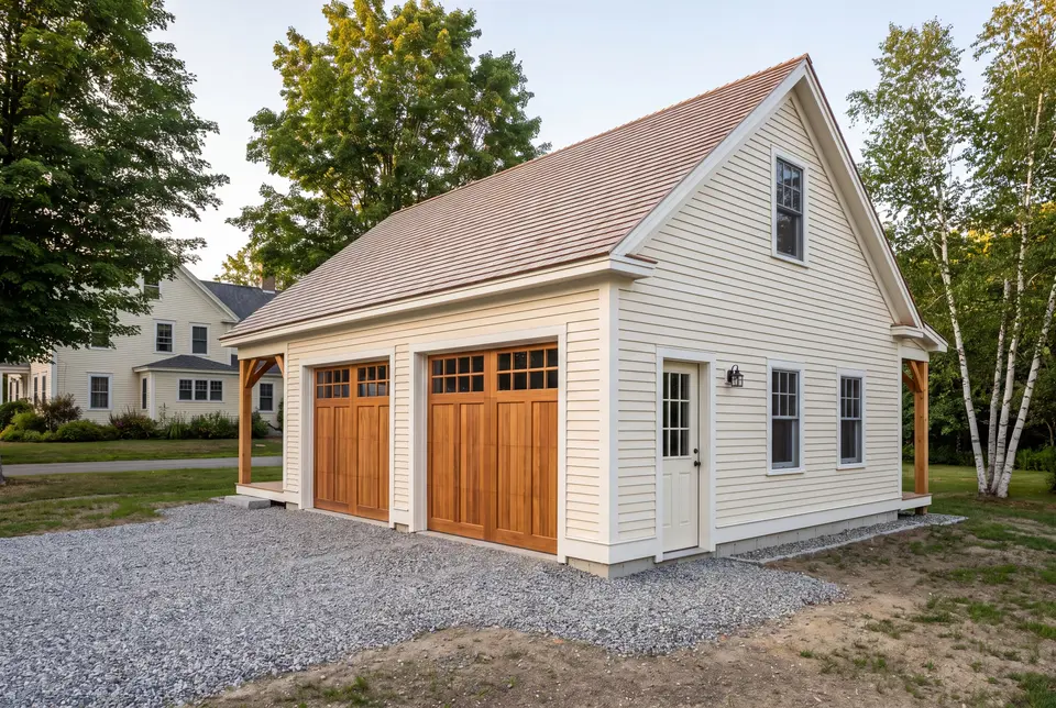 Illustration: A newly built, detached two-bay garage with ivory siding, wooden carriage doors, and a gravel driveway, set against a backdrop of trees and a distant house