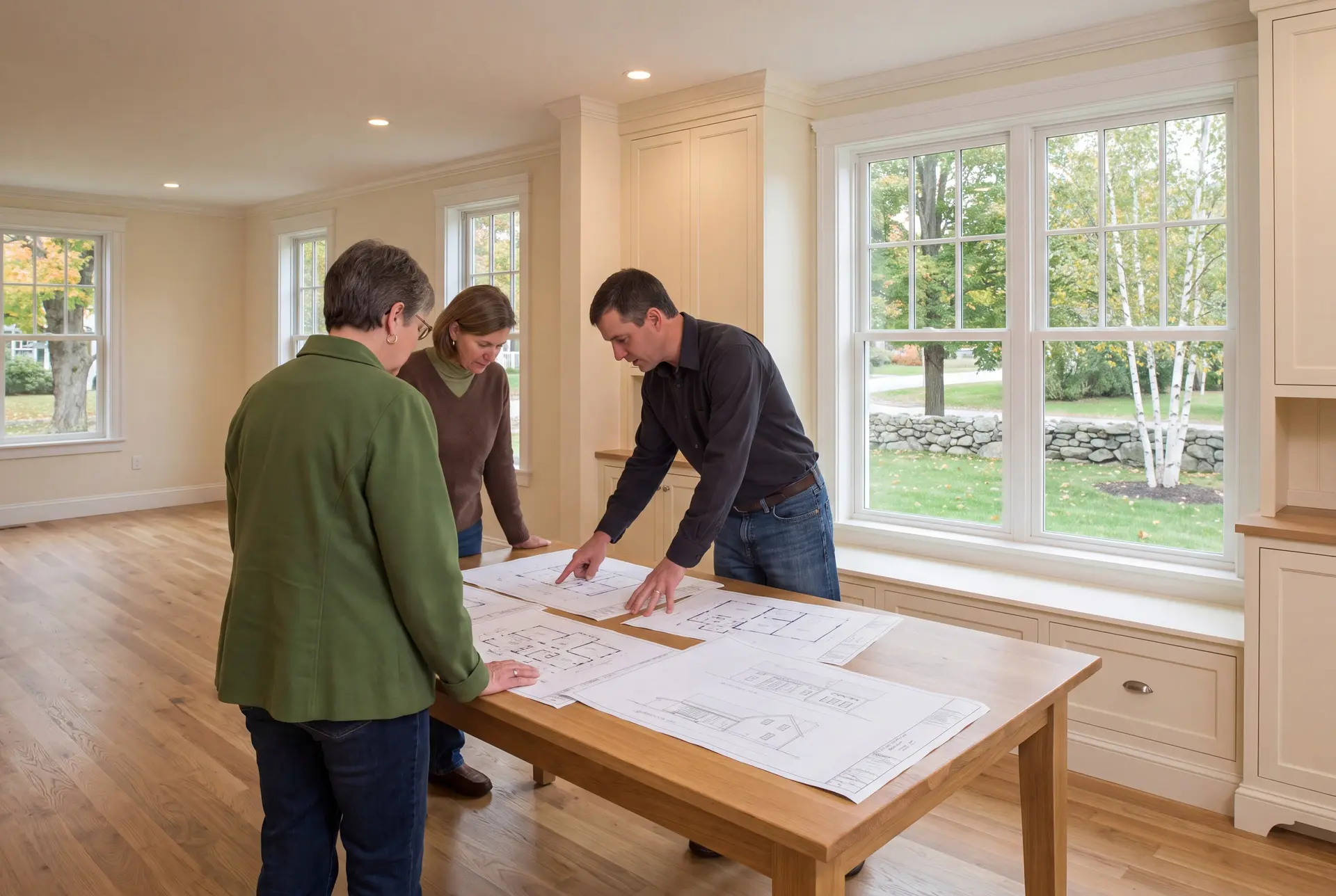 Illustration: Three adults, a man and two women, review architectural drawings on an oak table in a finished living room with oak floors and white-trimmed windows