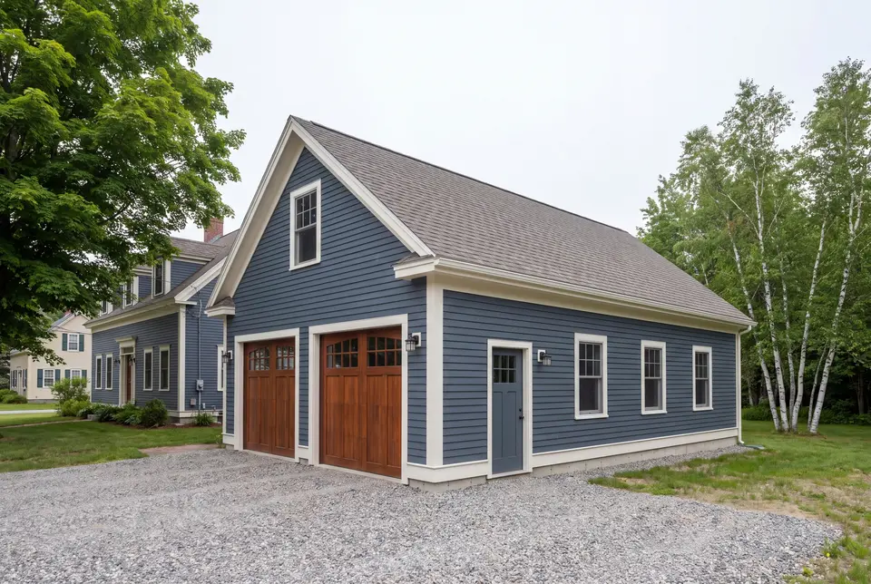 garage builder in Dayton, ME: illustrative scene, A newly built, detached two-bay garage with deep slate blue siding and wooden carriage-style doors, next to a house