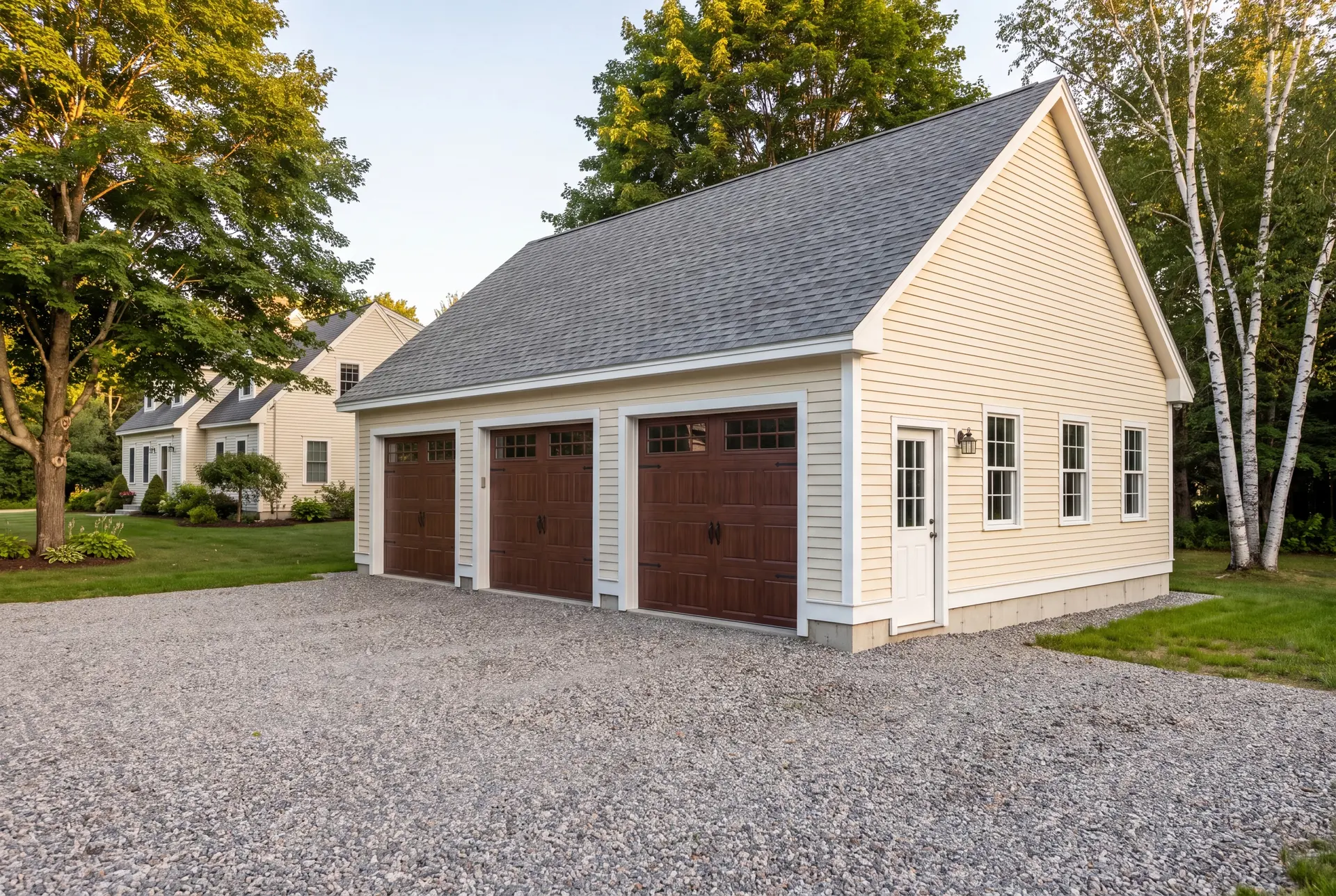 Illustration: A newly built, detached three-car garage with ivory siding and brown doors, situated on a gravel driveway next to a house