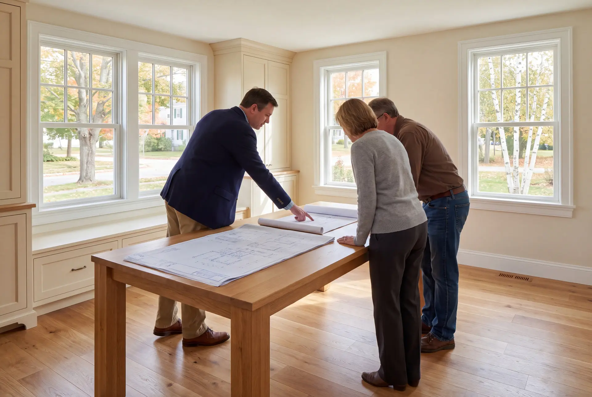 Illustration: Three people, a builder and two homeowners, reviewing blueprints on an oak table in a finished living room with ivory cabinetry, white-trimmed windows, and oak floors