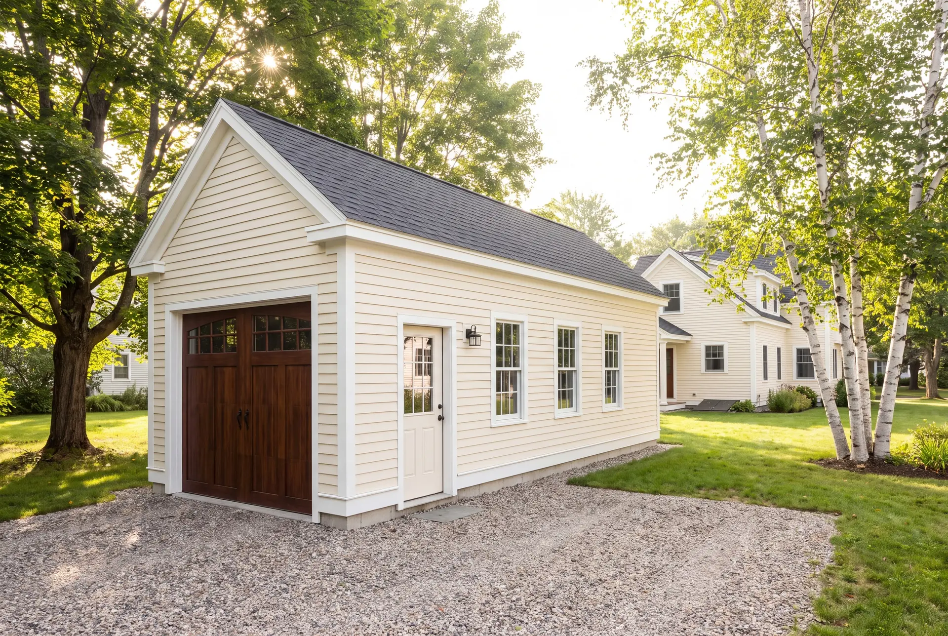 Illustration: A newly built, single-bay residential garage with ivory siding and a dark wood garage door, next to a house with a gravel driveway and green lawn