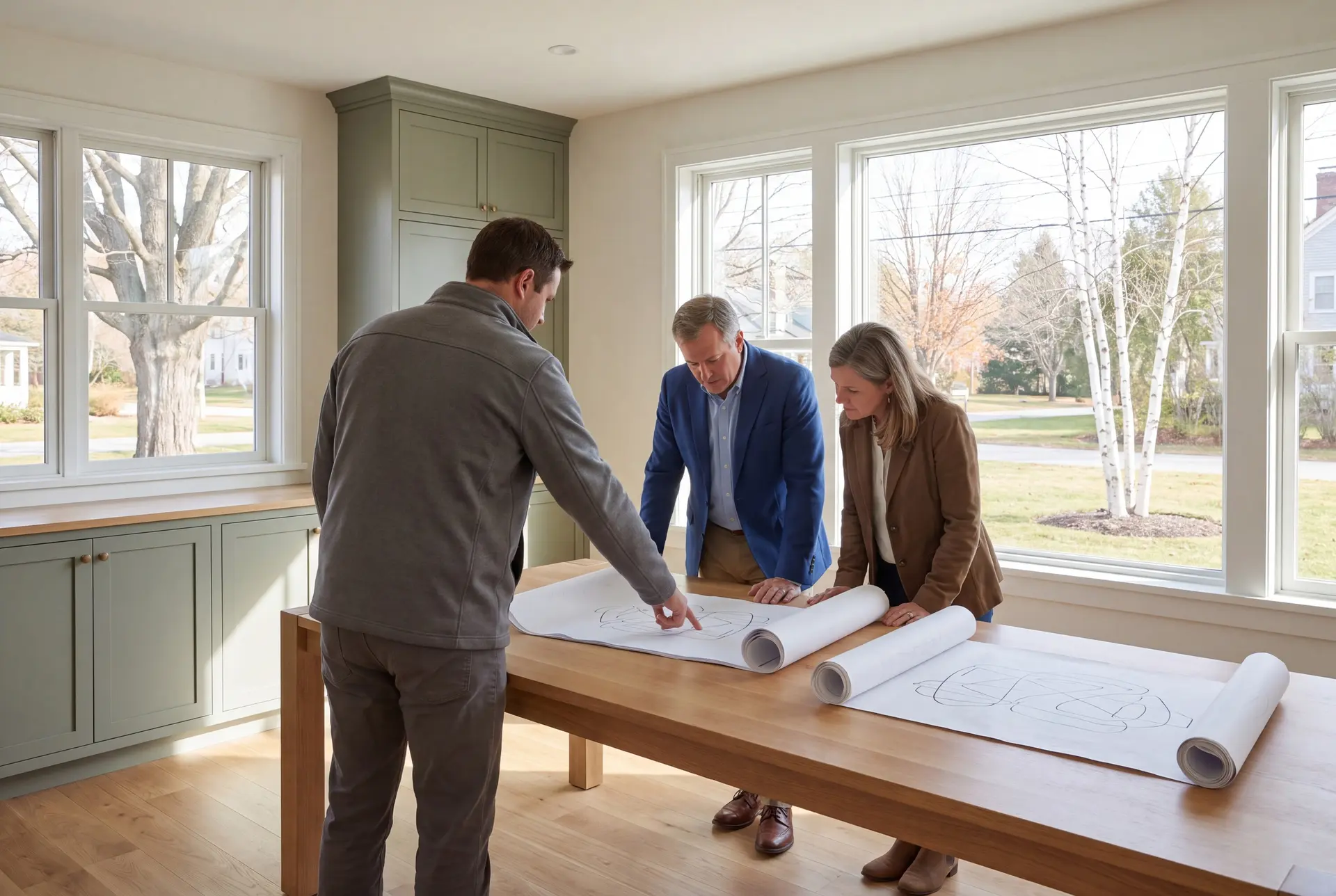 Illustration: Three adults, a builder and two homeowners, review abstract floor plans on an oak table in a finished living room with sage green cabinets and oak floors