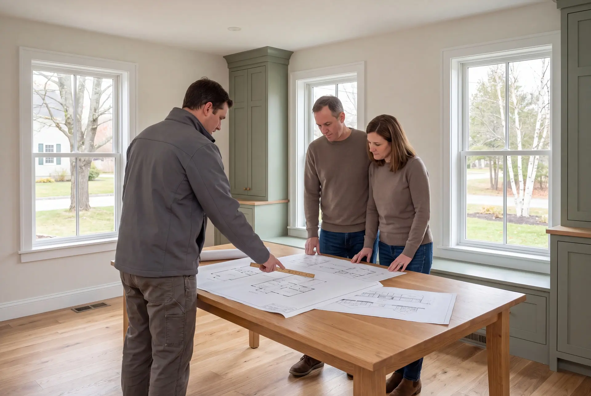 Illustration: Three people, a builder and two homeowners, reviewing blueprints on a table in a finished living room
