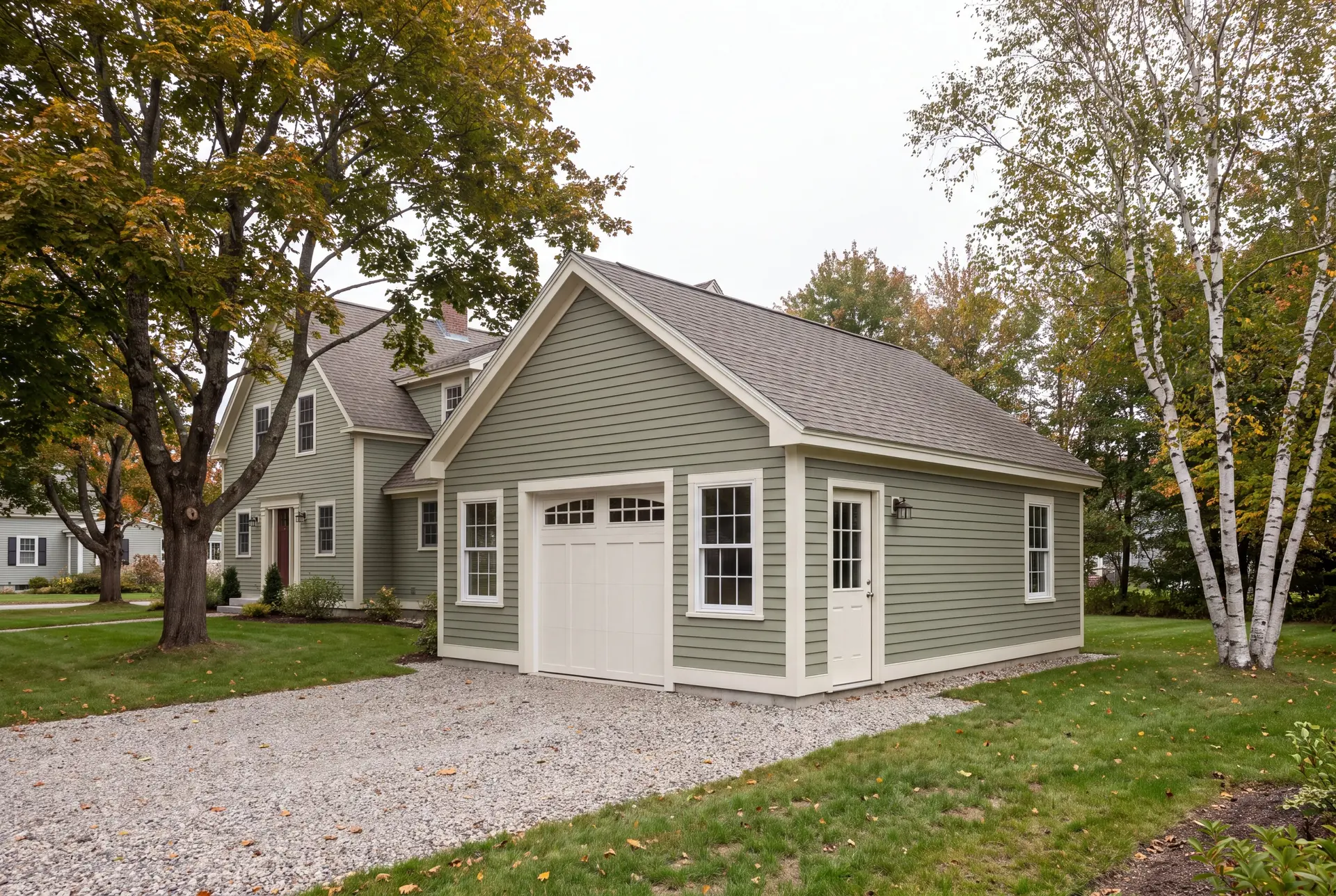Illustration: A newly built sage green garage with a white garage door and service door, next to a matching house, with a gravel driveway and autumn trees