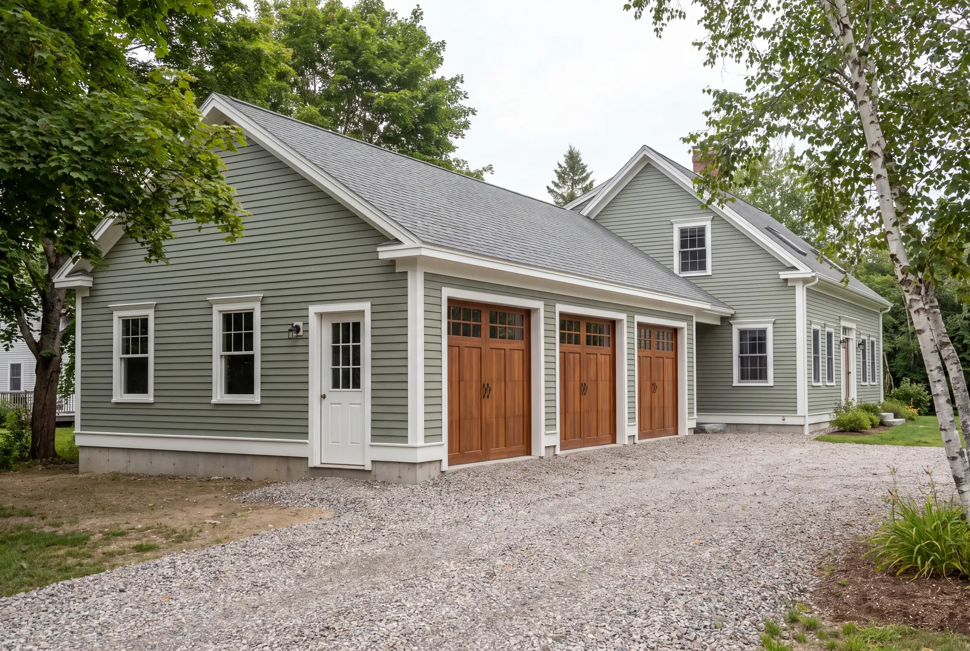 Illustration: A newly built sage green garage with three wooden doors and a gravel driveway, attached to a matching house