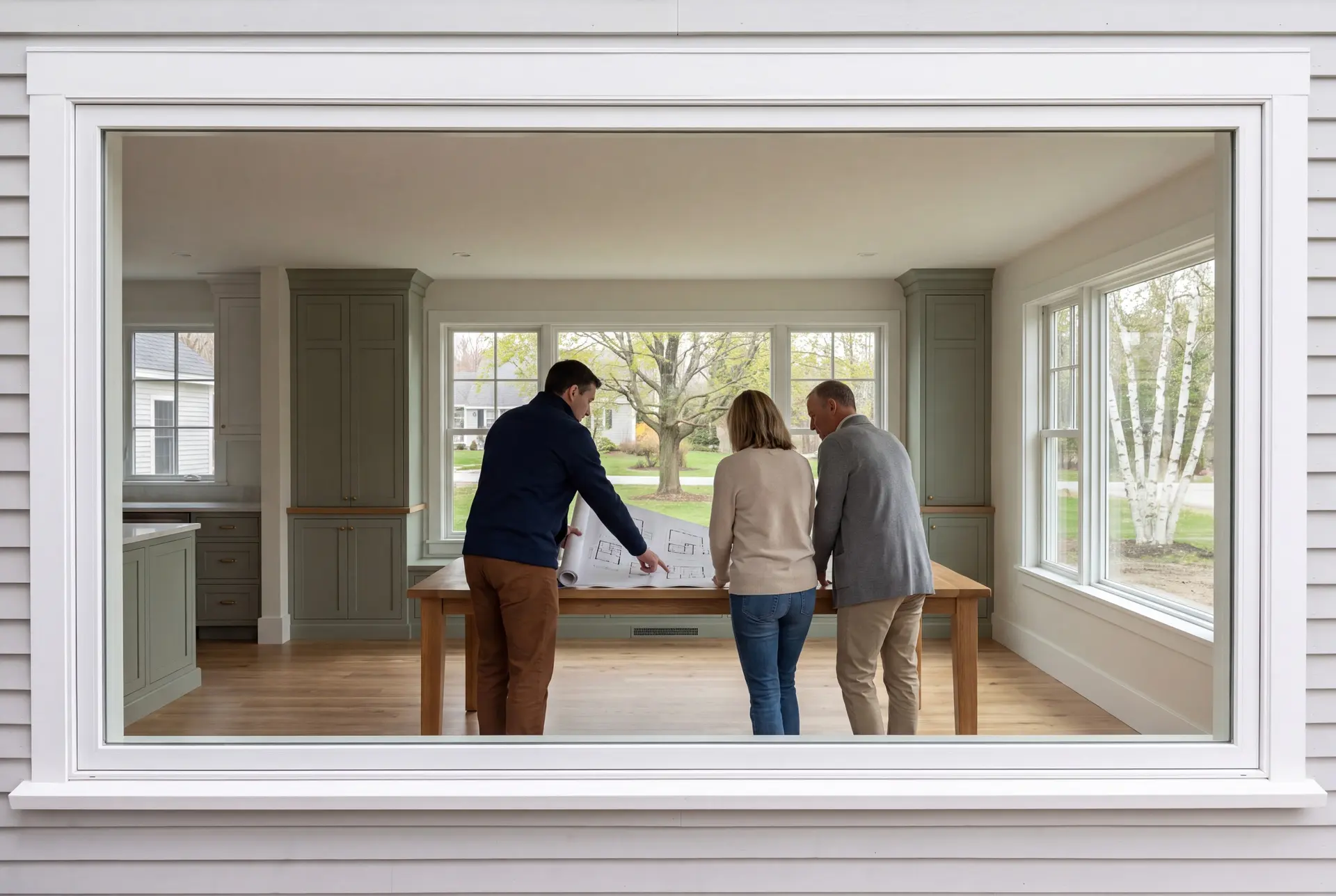 Illustration: Three people, a builder and two homeowners, review architectural floor plans on an oak table in a finished living room with sage green cabinets and oak floors, viewed through a window