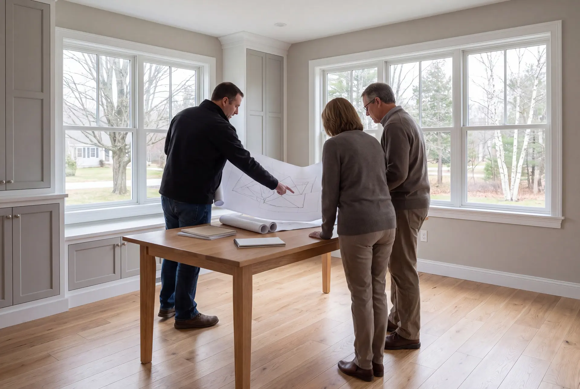 Illustration: Three people, a builder and two homeowners, review abstract floor-plan drawings on an oak table in a finished living room with gray cabinetry, white-trimmed windows, and oak floors