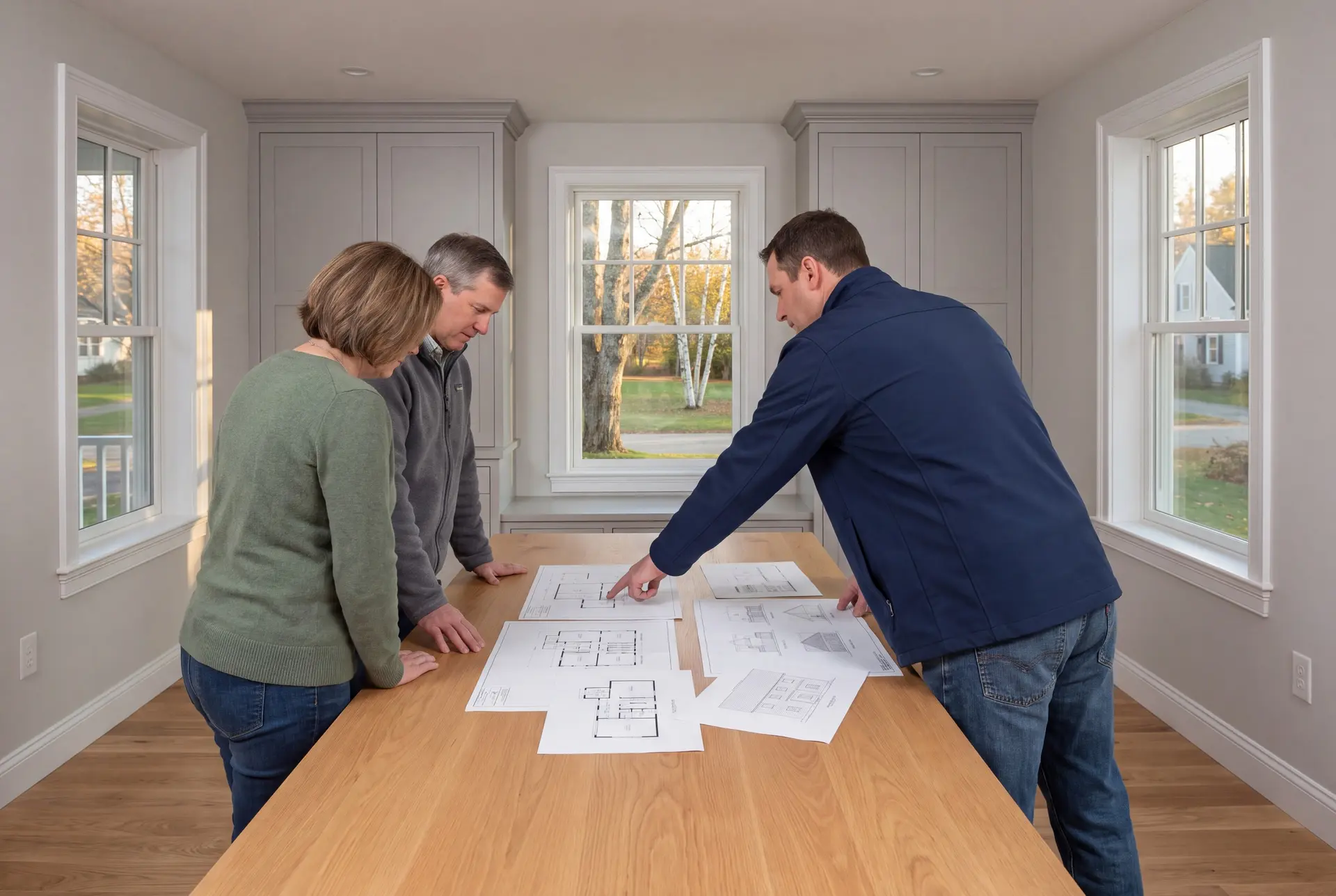 Illustration: Three people, a man in a blue jacket, a woman in a green sweater, and a man in a gray fleece, are looking at architectural drawings on a wooden table in a modern living room with gray cabinets and oak floors