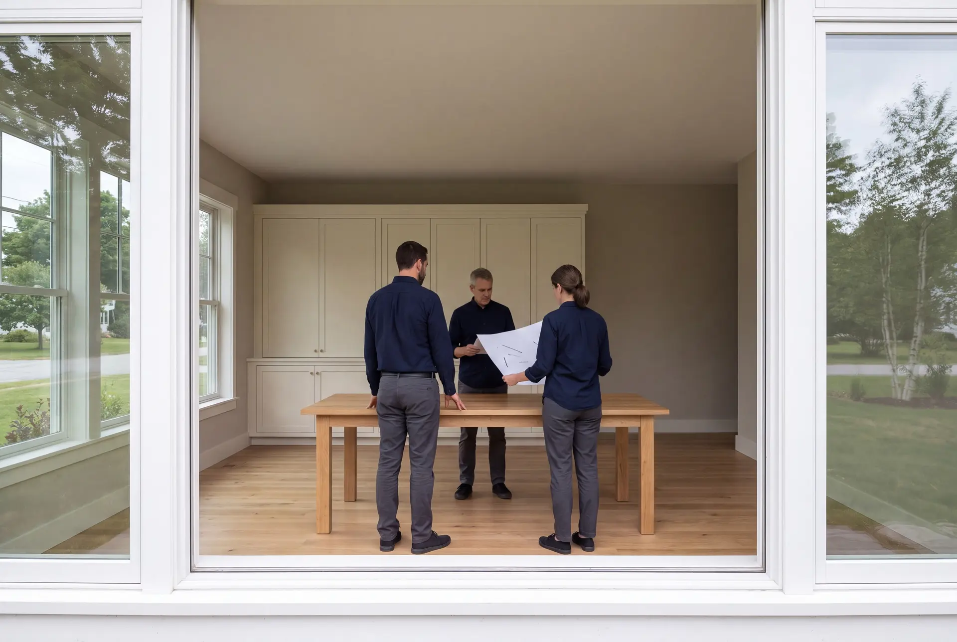 Illustration: Three people in a finished living room with oak floors and cream cabinets, standing around a wooden table and looking at a sheet of paper