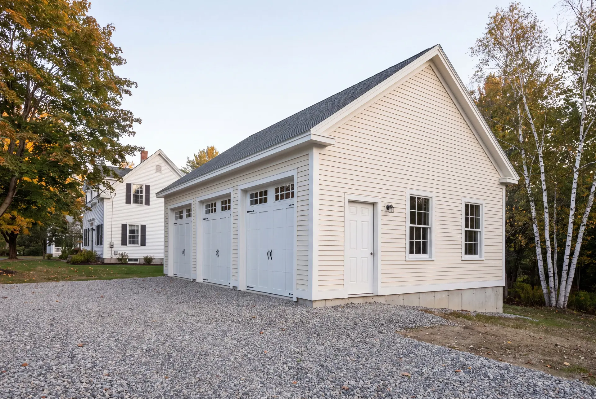Illustration: A newly built, detached three-car garage with cream siding and a gravel driveway, next to a house and trees
