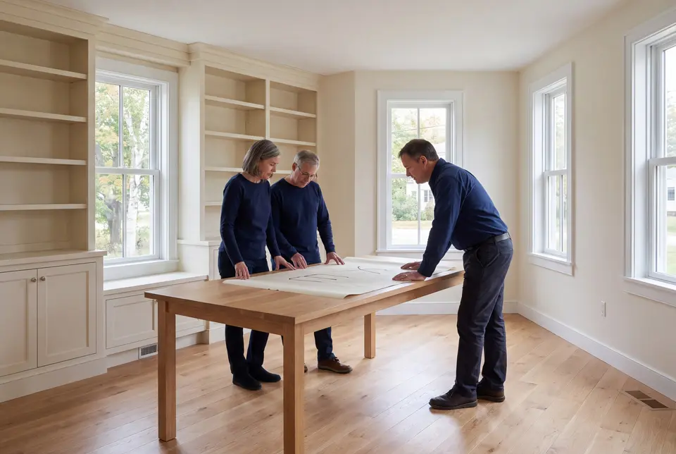 Illustration: Three adults in navy shirts and dark trousers reviewing architectural plans on an oak table in a finished living room with built-in shelves and oak floors
