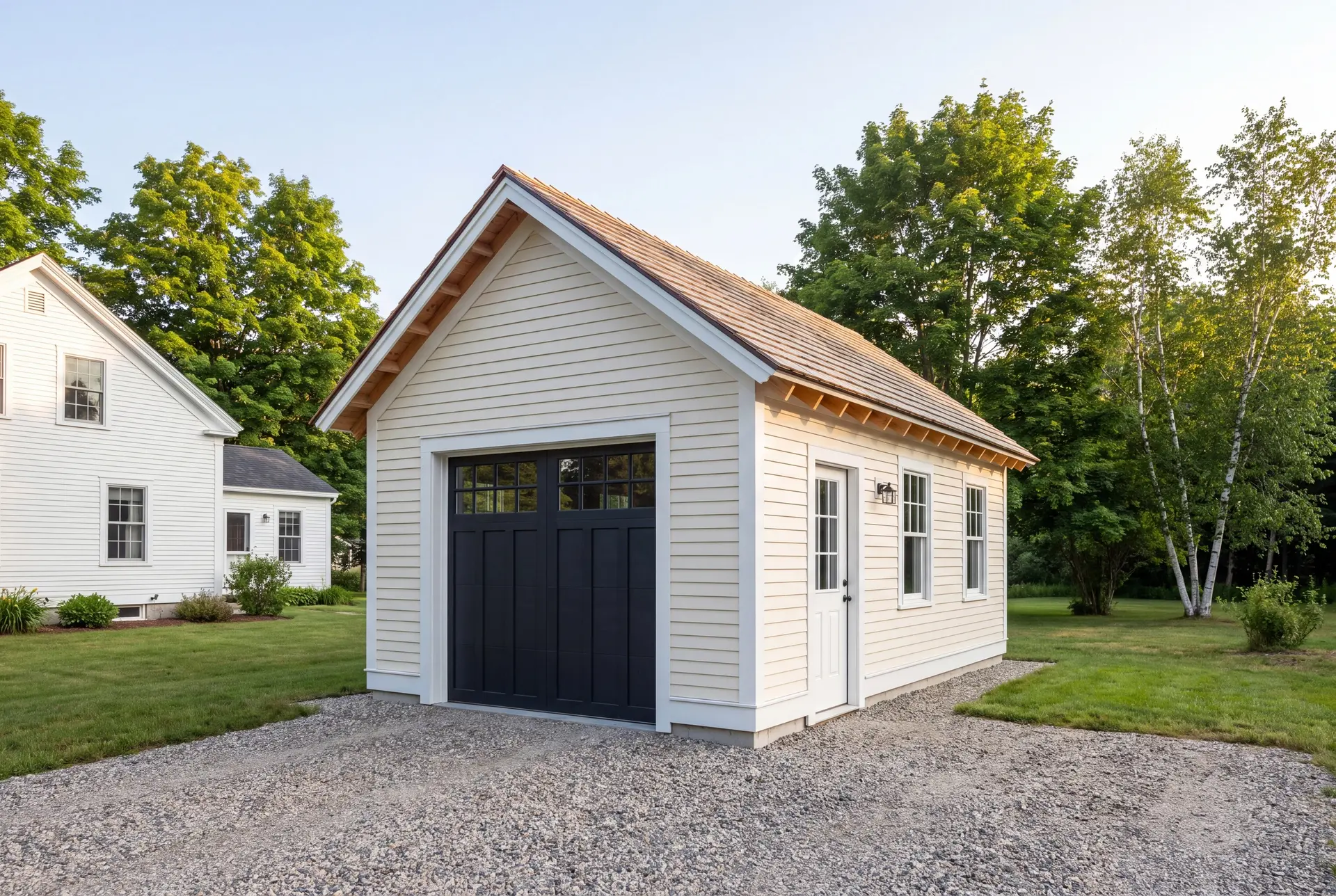 Illustration: A newly constructed, detached single-bay garage with cream siding, a dark gray garage door, and a light brown shingle roof, situated on a gravel driveway next to a white house and green trees