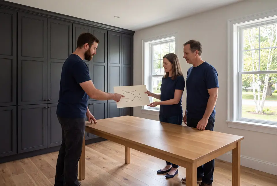 Illustration: Three people in navy shirts and dark pants stand around a light wood table in a room with dark cabinets and windows, looking at a paper with abstract lines