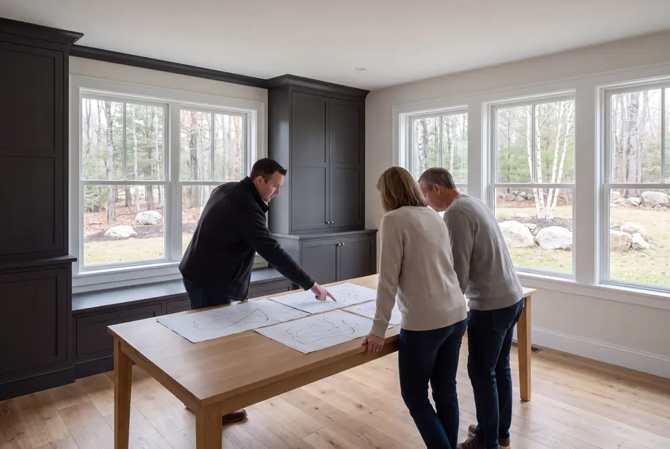 Illustration: Three people, a man and two others seen from behind, reviewing abstract drawings on a table in a finished living room with dark cabinetry, white windows, and oak floors