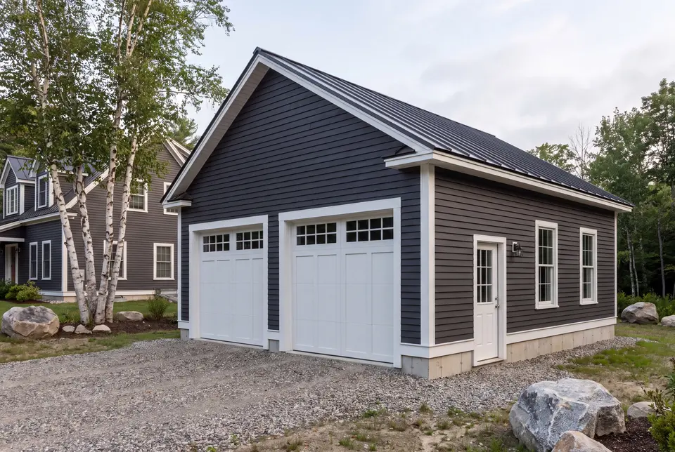 Illustration: A newly built, dark charcoal garage with white trim and a gravel driveway, next to a house with similar styling