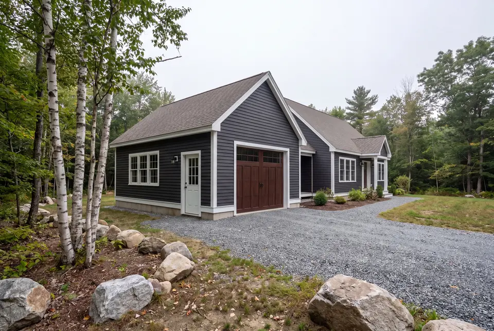 Illustration: A newly built dark gray garage with a brown garage door and white trim, next to a matching house, with a gravel driveway and trees