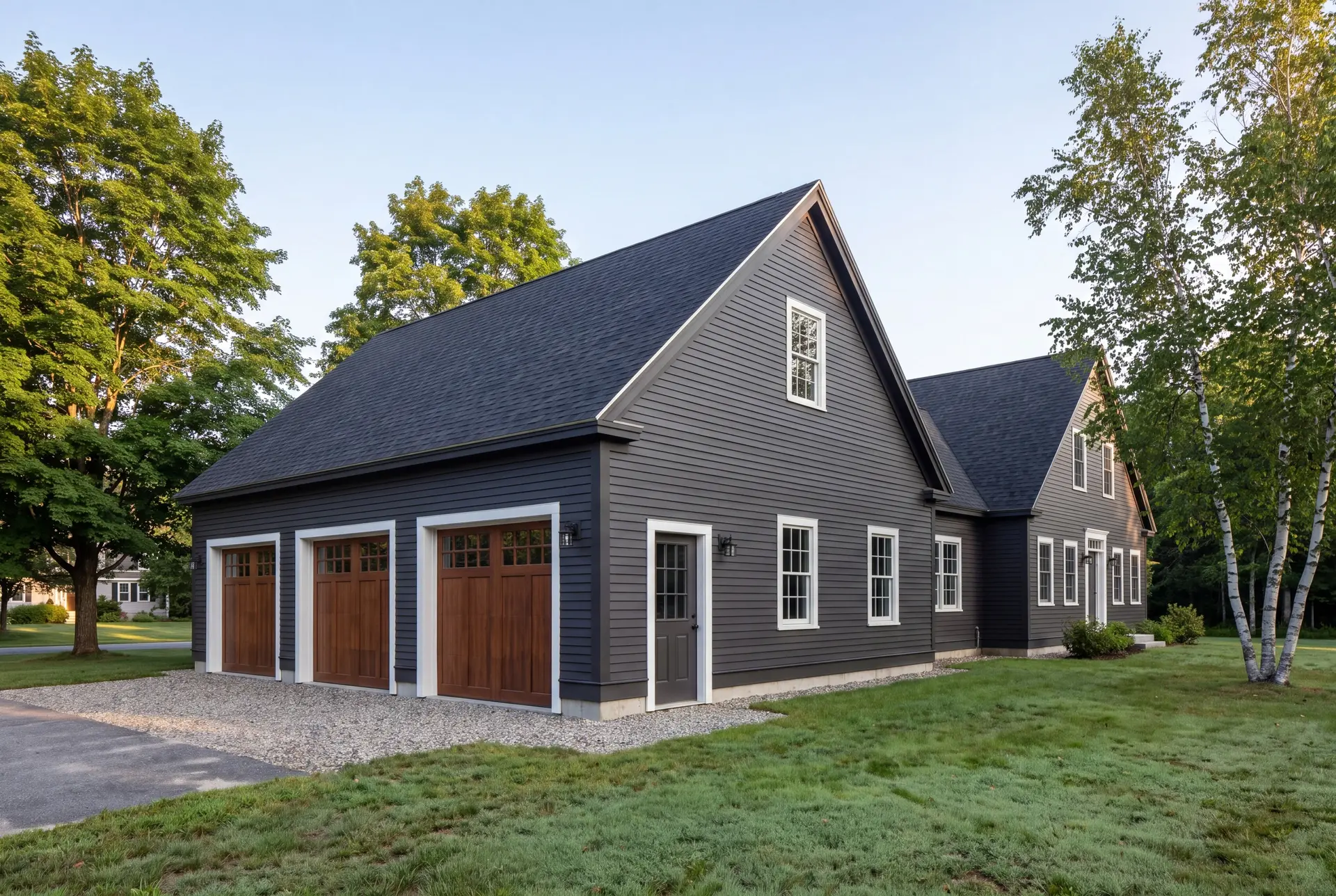 Illustration: A newly built dark gray residential garage with three wooden doors attached to a matching house, set against a green lawn and trees