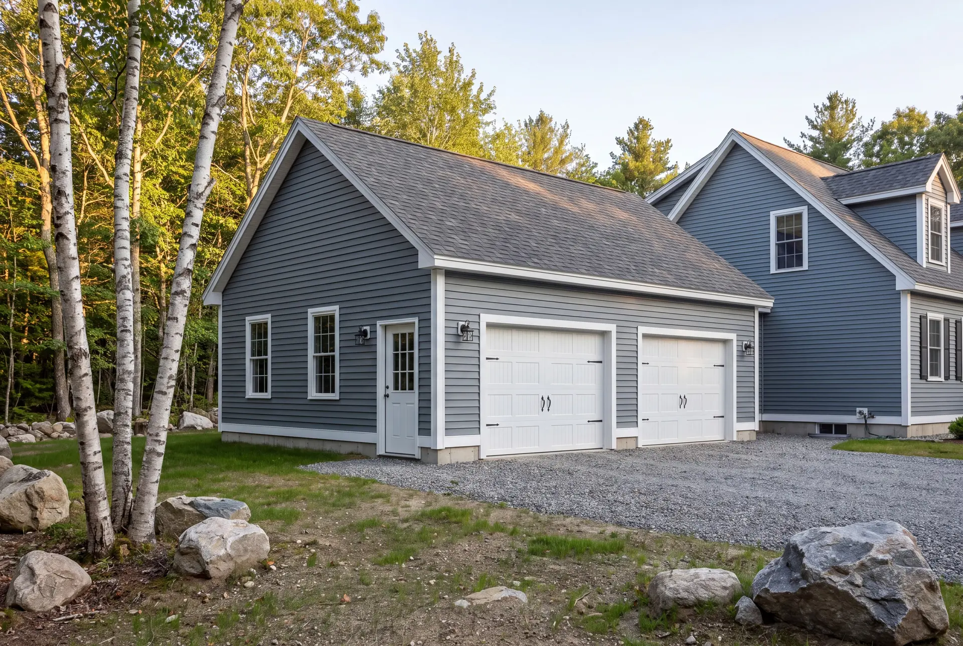 Illustration: A newly built, detached two-bay garage with blue-gray siding and white trim, next to a house, with a gravel driveway and birch trees