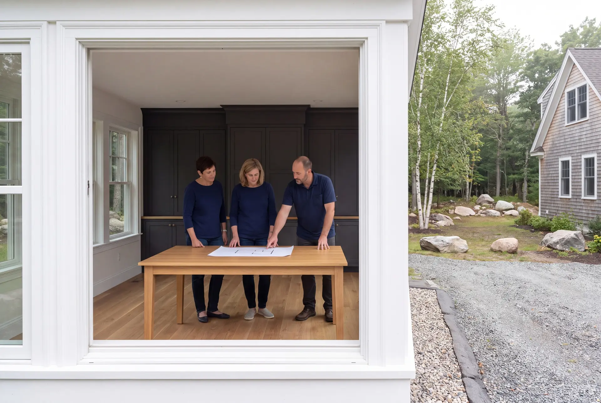 Illustration: Three people in navy shirts and dark trousers stand around a table with architectural plans in a room with dark cabinets and oak floors, viewed from outside a white-framed opening