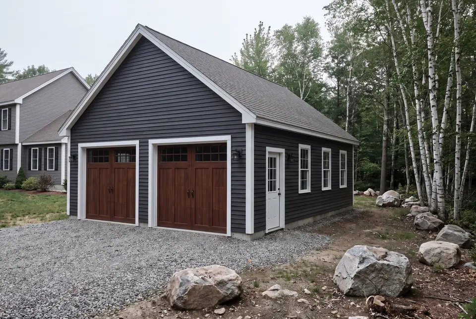 garage builder in Kennebunk, ME: illustrative scene, A newly built dark gray garage with two brown doors and white trim, next to a house and a forest