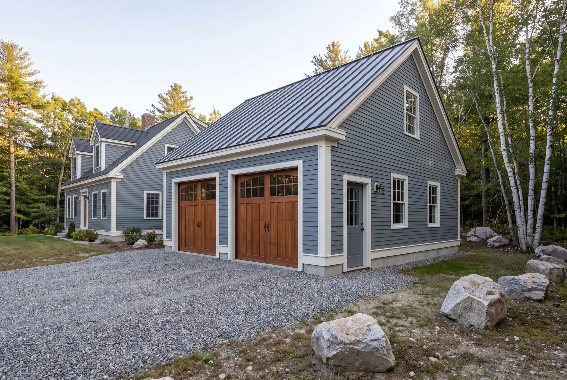 Illustration: A newly built blue-gray garage with two wooden doors and a metal roof, next to a matching house, surrounded by trees and a gravel driveway